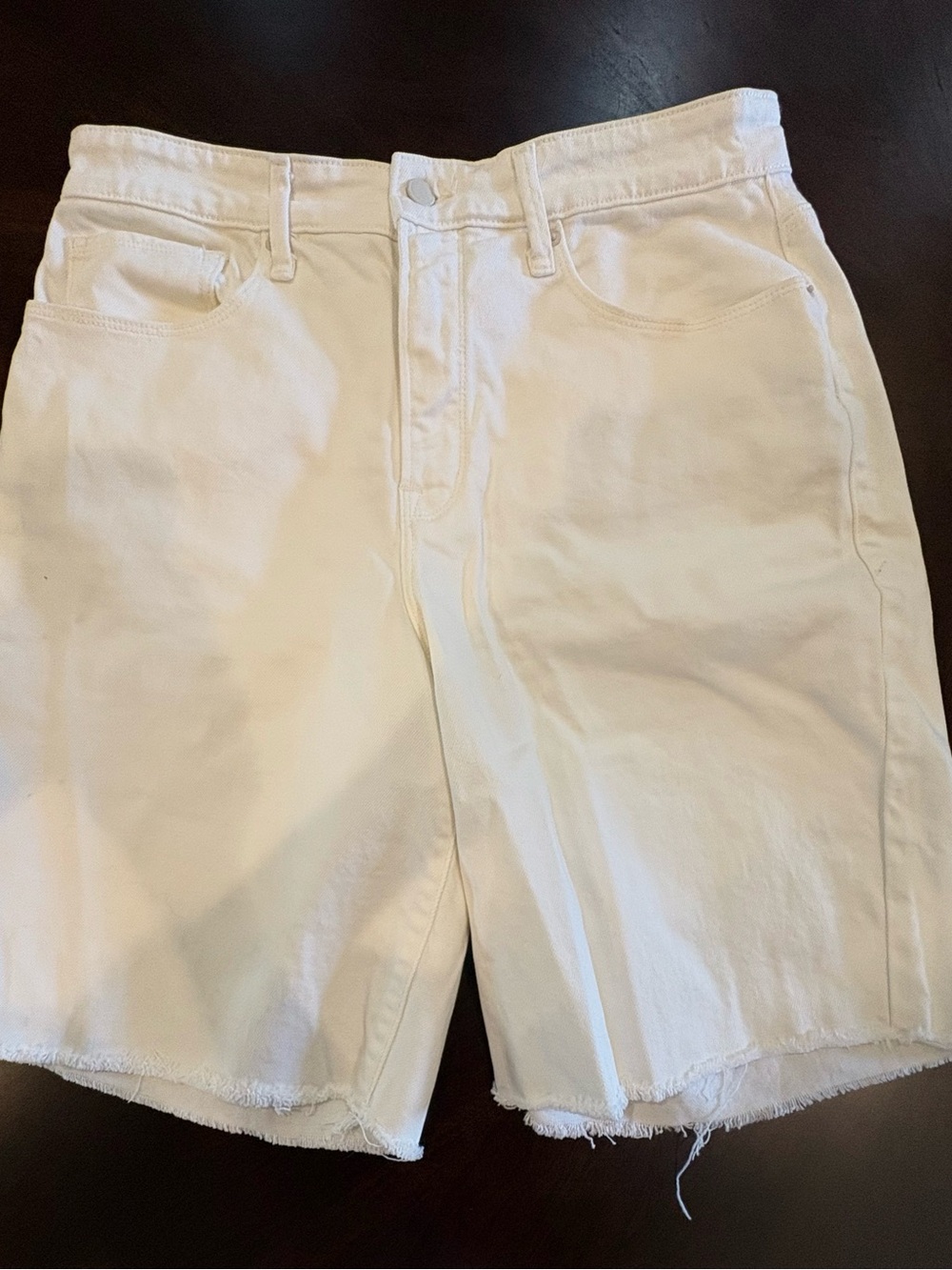 Good American White Denim Jean Shorts, Frayed Hem, Oversized Fit